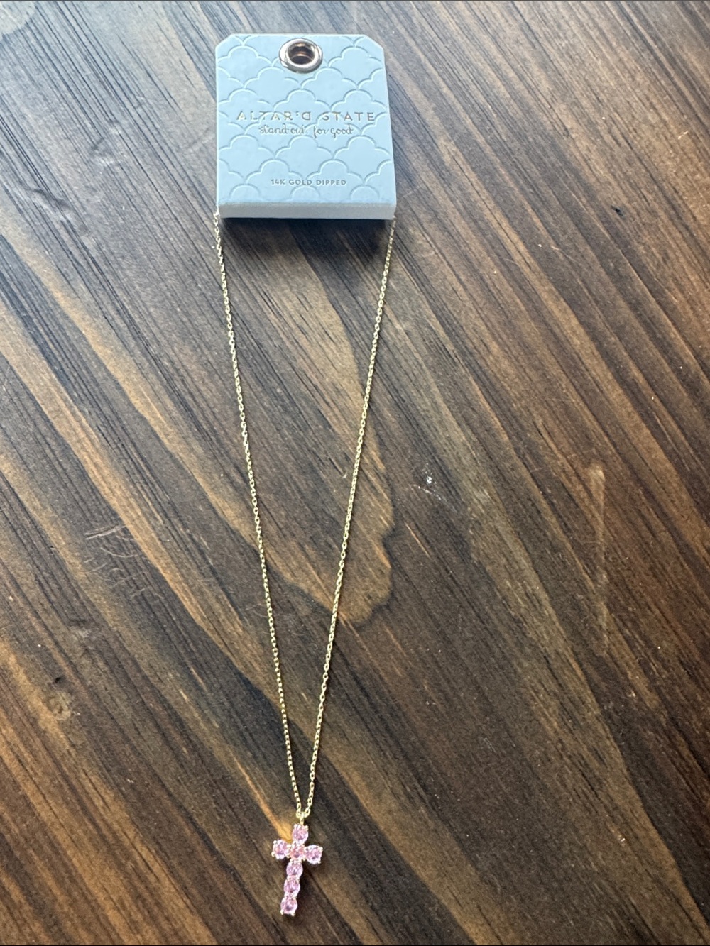 Altar'd State 14K Gold Dipped Necklace with Pink Crystal Cross Pendant - NWT
